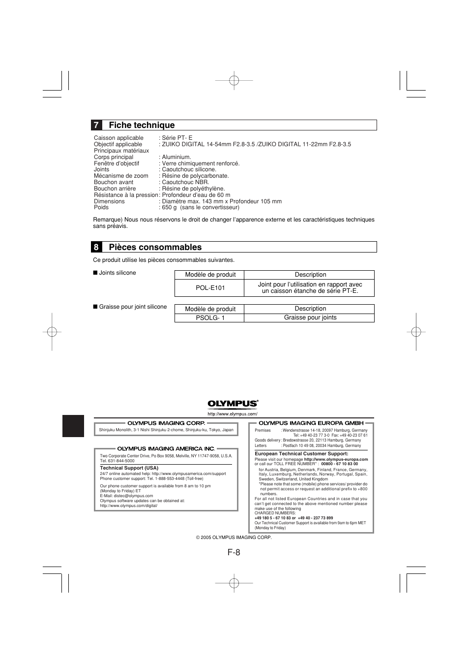 7fiche technique, 8pièces consommables | Olympus PPO-E02 User Manual | Page 26 / 60