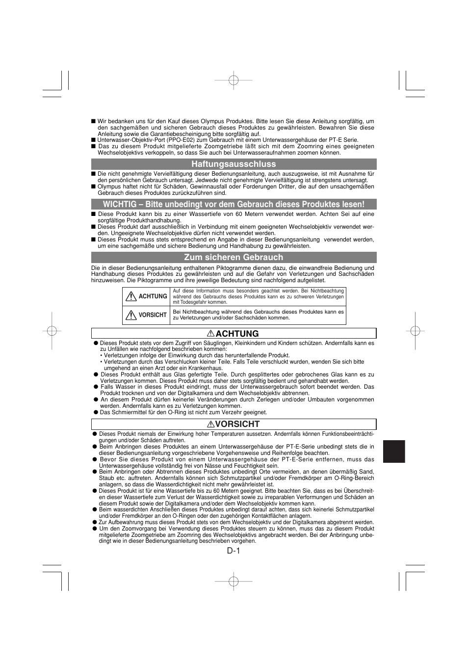 Vorsicht d-1 haftungsausschluss, Zum sicheren gebrauch, Achtung | Olympus PPO-E02 User Manual | Page 27 / 60