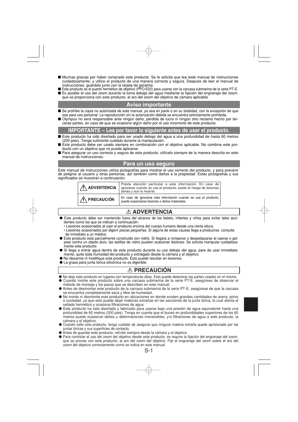 Advertencia precaución s-1 aviso importante, Para un uso seguro | Olympus PPO-E02 User Manual | Page 35 / 60
