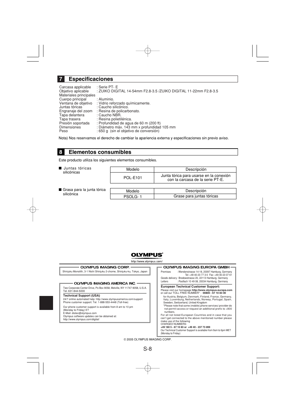 7especificaciones, 8elementos consumibles | Olympus PPO-E02 User Manual | Page 42 / 60