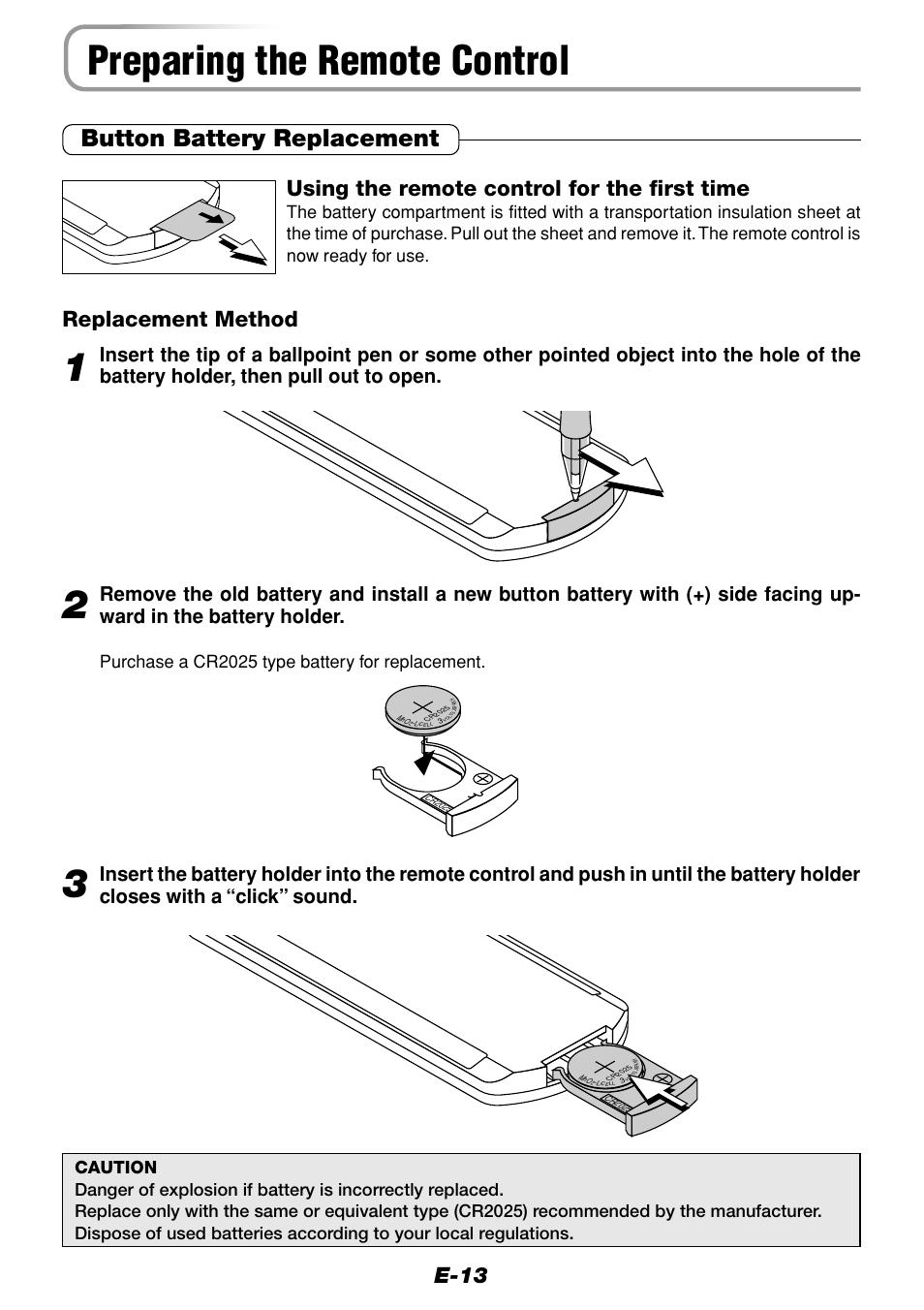 Preparing the remote control, Button battery replacement, E-13 | Using the remote control for the first time, Replacement method, Purchase a cr2025 type battery for replacement | Olympus VP--1 User Manual | Page 13 / 72
