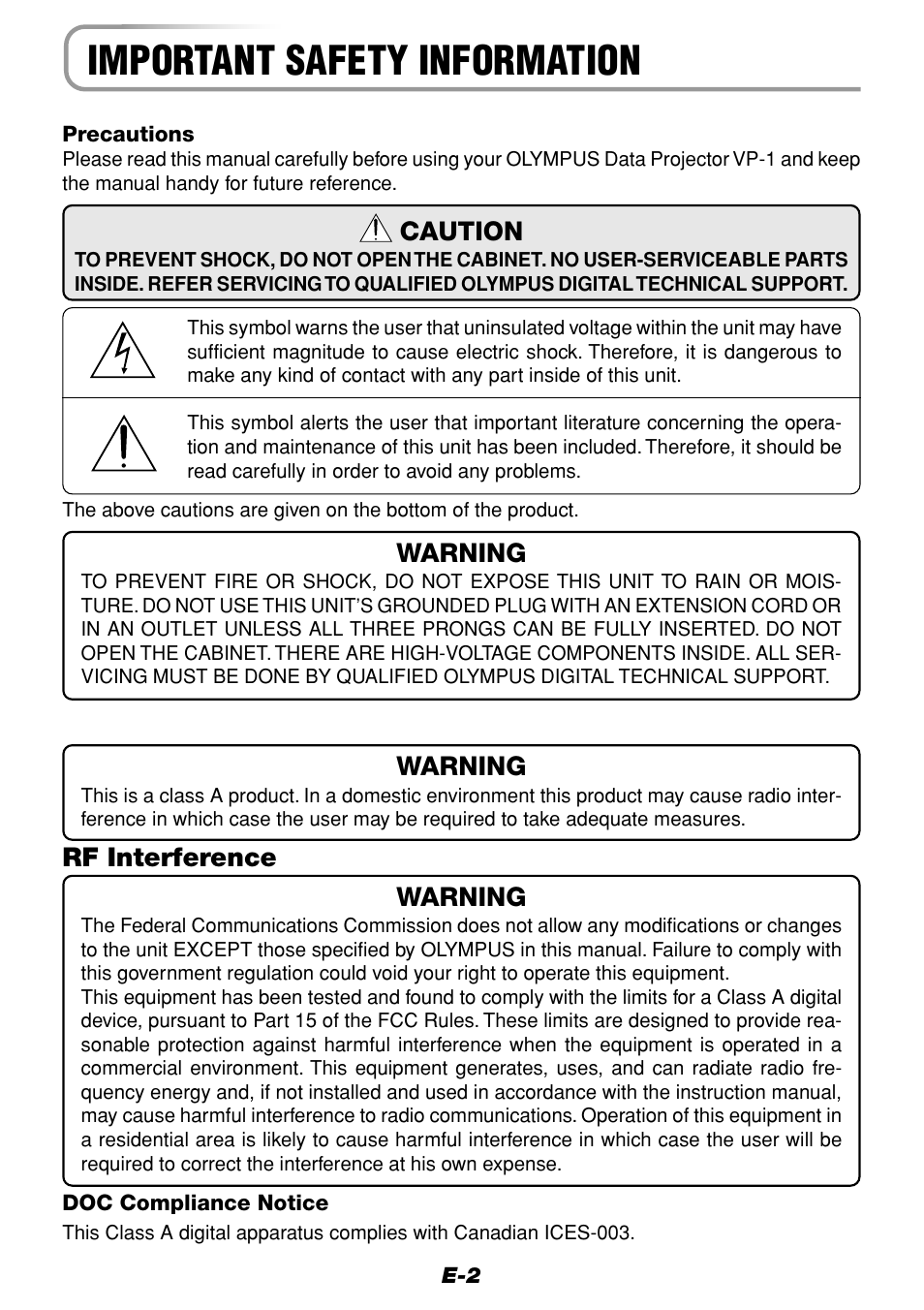 Important safety information, Warning, Rf interference warning | Caution | Olympus VP--1 User Manual | Page 2 / 72