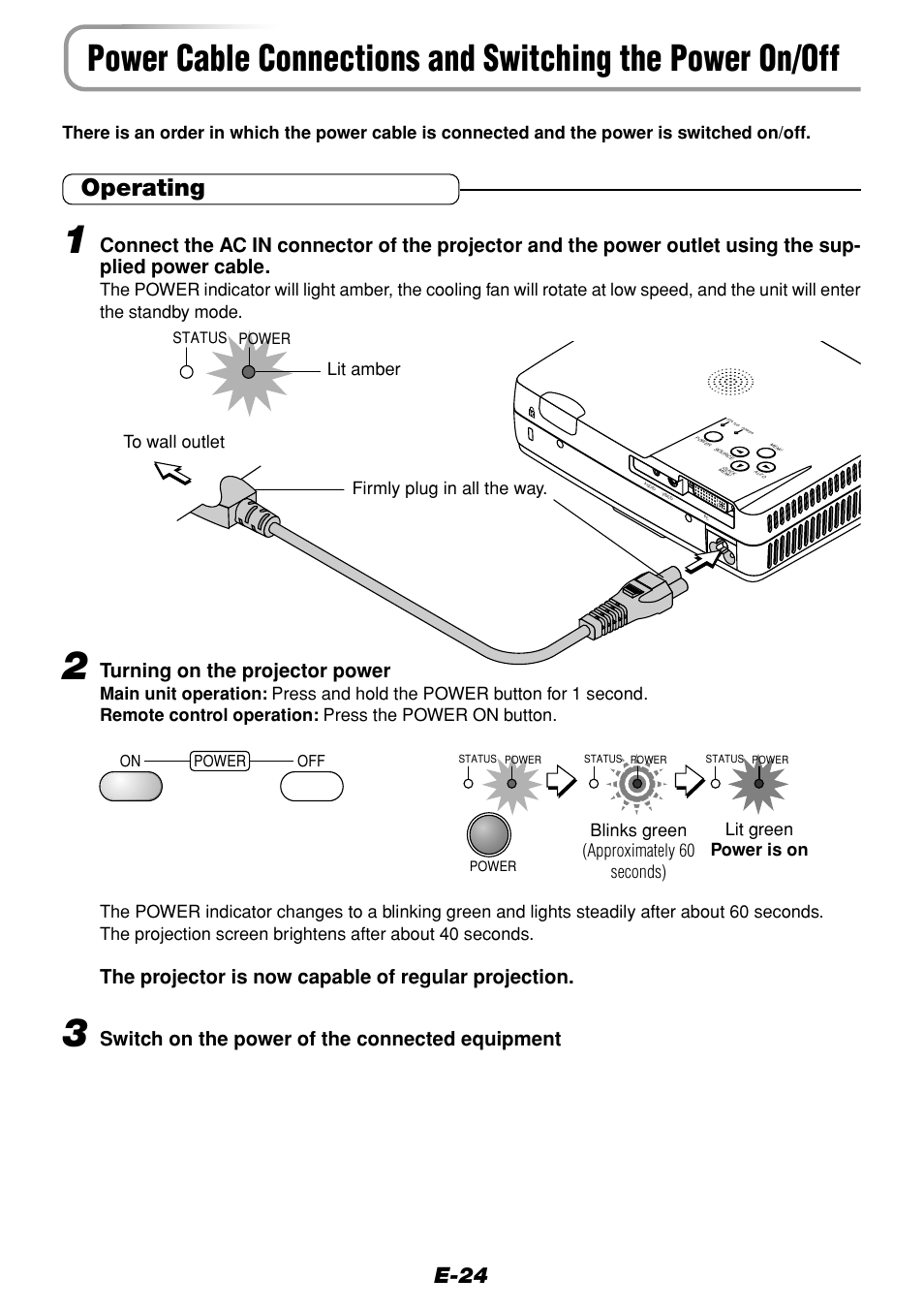 Operating, E-24, Turning on the projector power | The projector is now capable of regular projection, Switch on the power of the connected equipment | Olympus VP--1 User Manual | Page 24 / 72