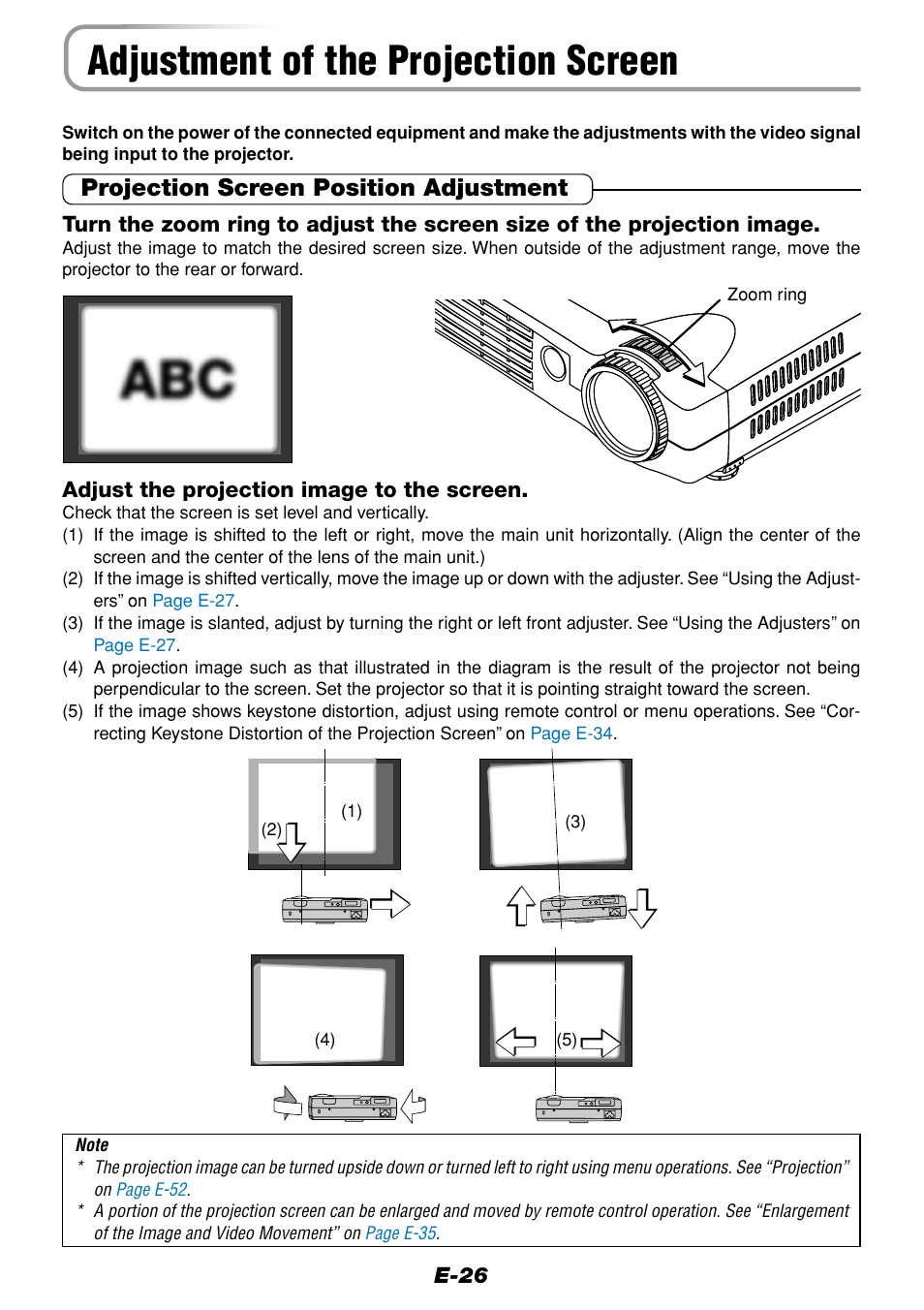 Adjustment of the projection screen, Projection screen position adjustment | Olympus VP--1 User Manual | Page 26 / 72