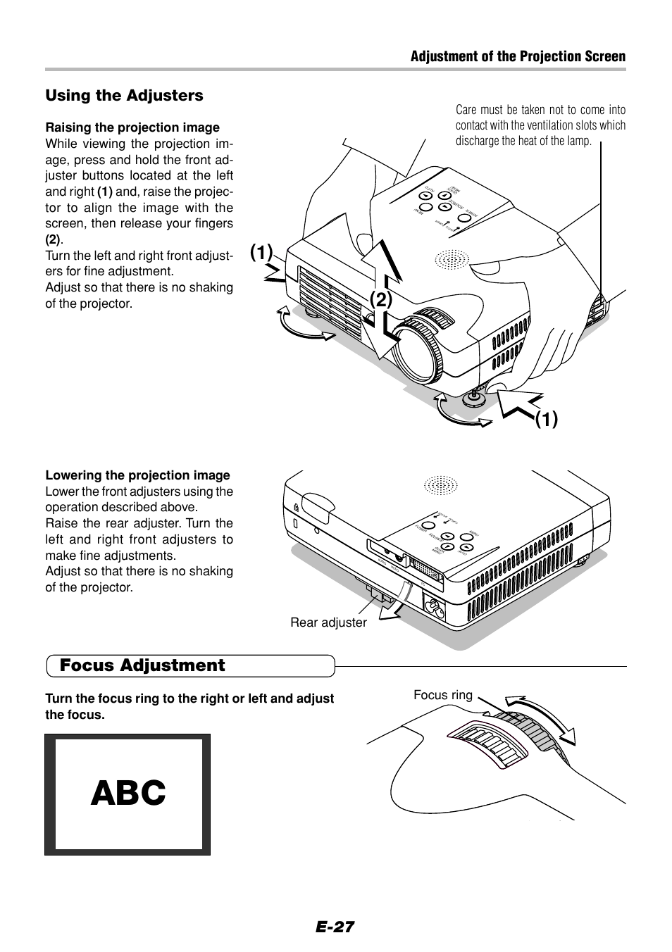Using the adjusters, Focus adjustment, E-27 using the adjusters | Adjustment of the projection screen | Olympus VP--1 User Manual | Page 27 / 72