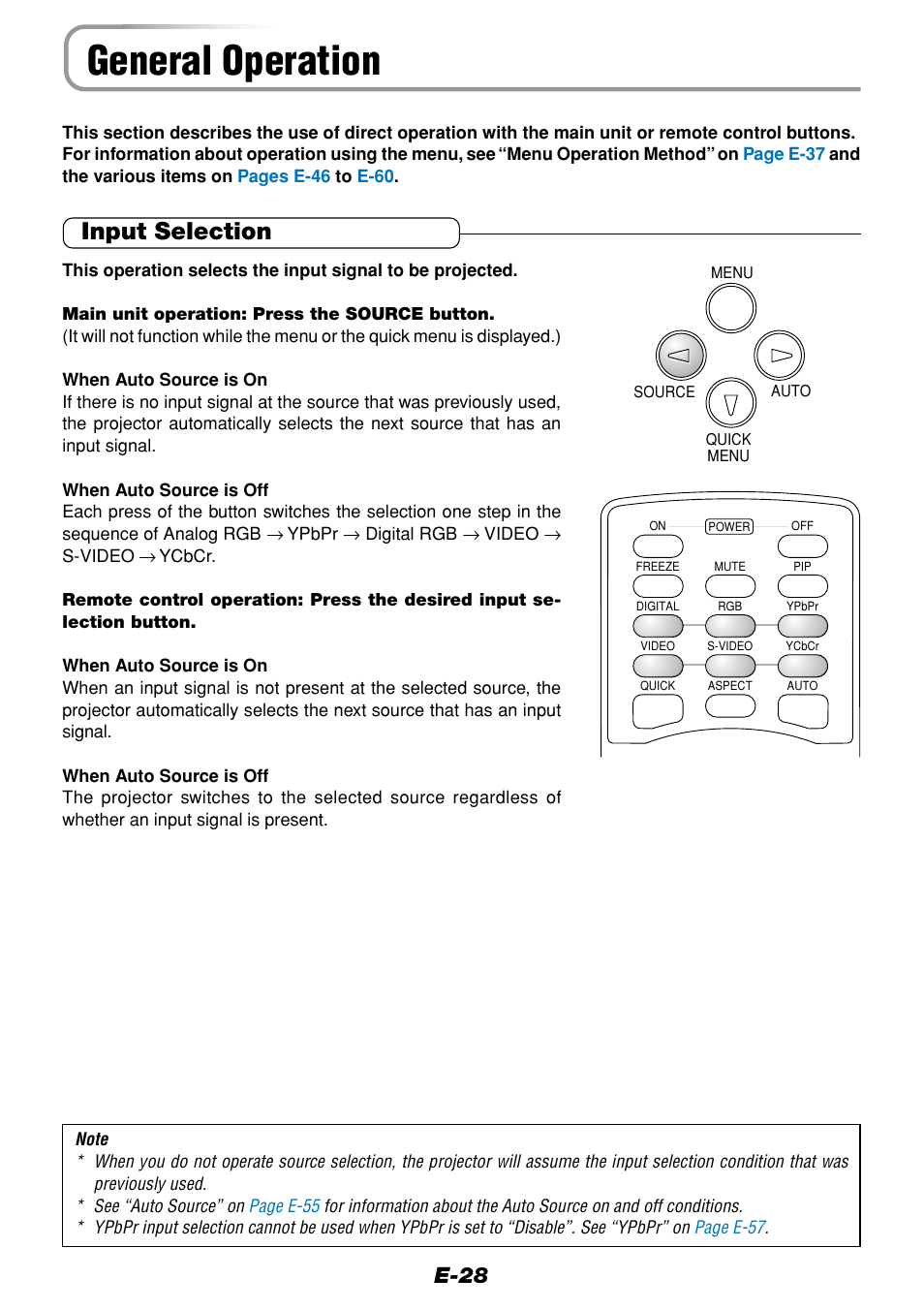 General operation, Input selection, E-28 | Olympus VP--1 User Manual | Page 28 / 72