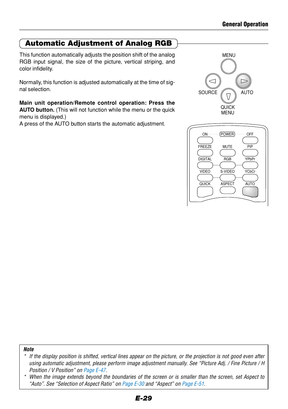 Automatic adjustment of analog rgb, E-29, General operation | Olympus VP--1 User Manual | Page 29 / 72