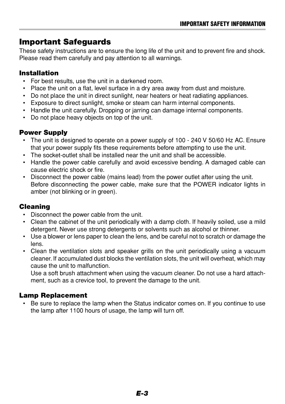 Important safeguards | Olympus VP--1 User Manual | Page 3 / 72