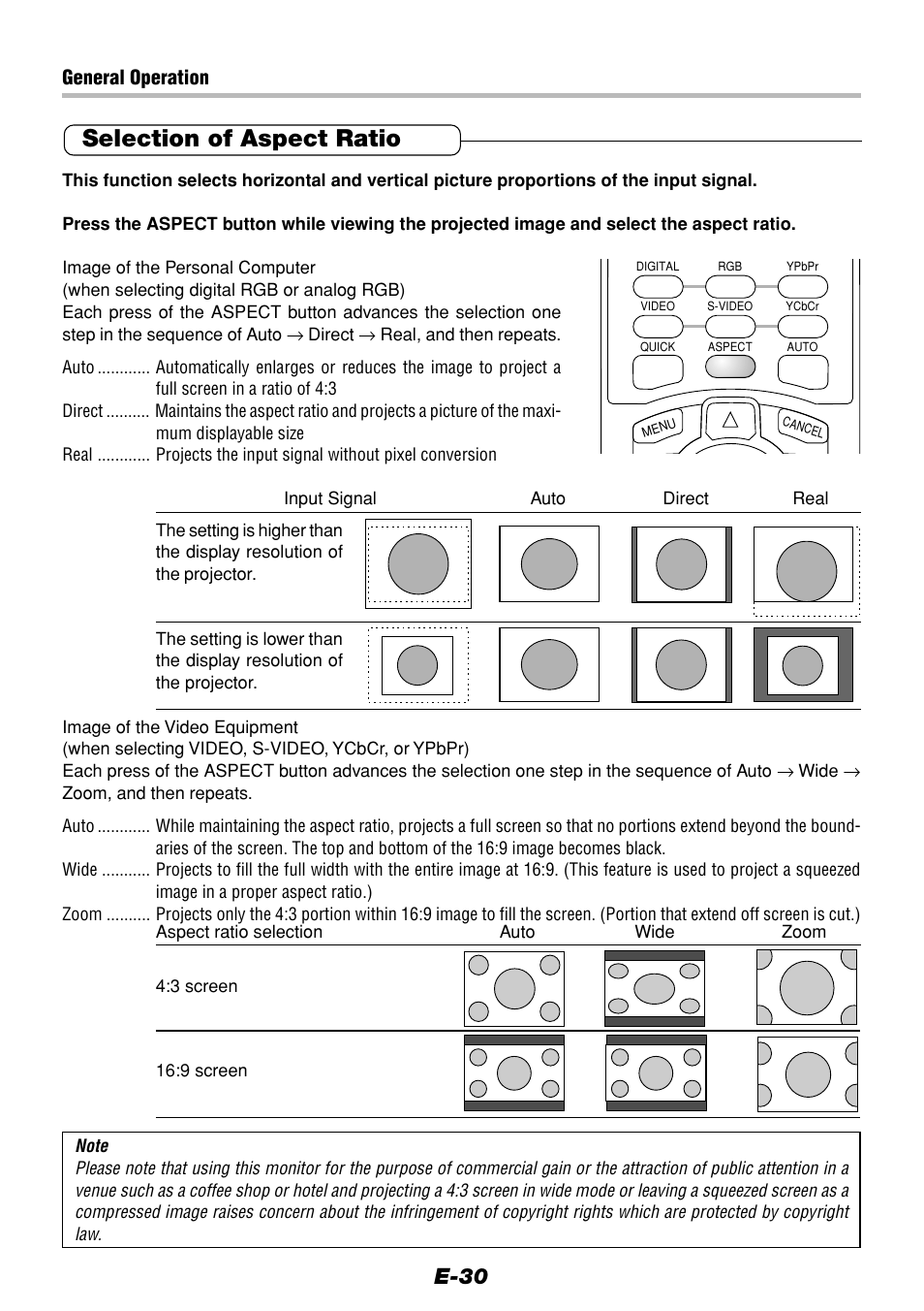 Selection of aspect ratio, E-30 | Olympus VP--1 User Manual | Page 30 / 72