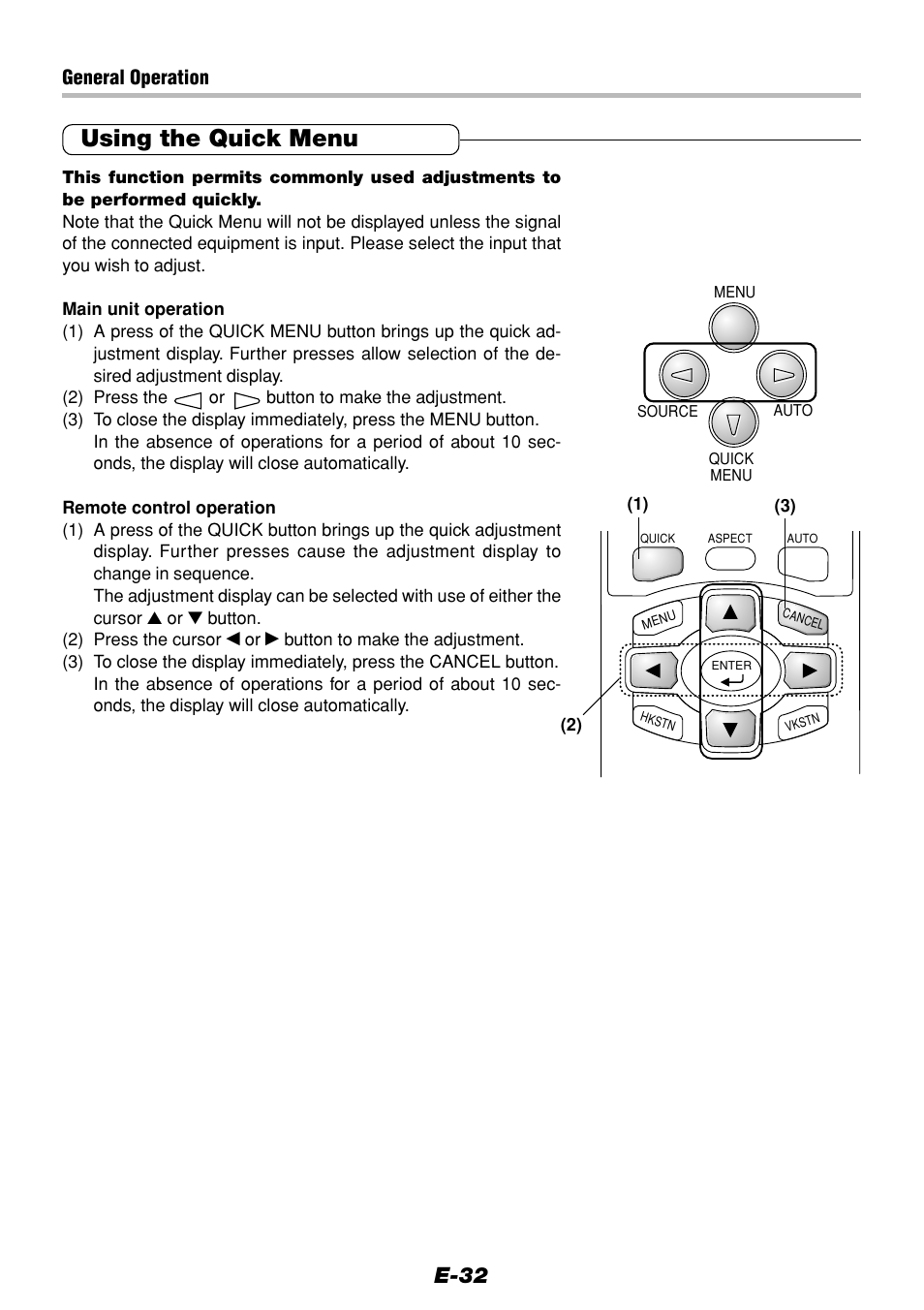 Using the quick menu, E-32 | Olympus VP--1 User Manual | Page 32 / 72