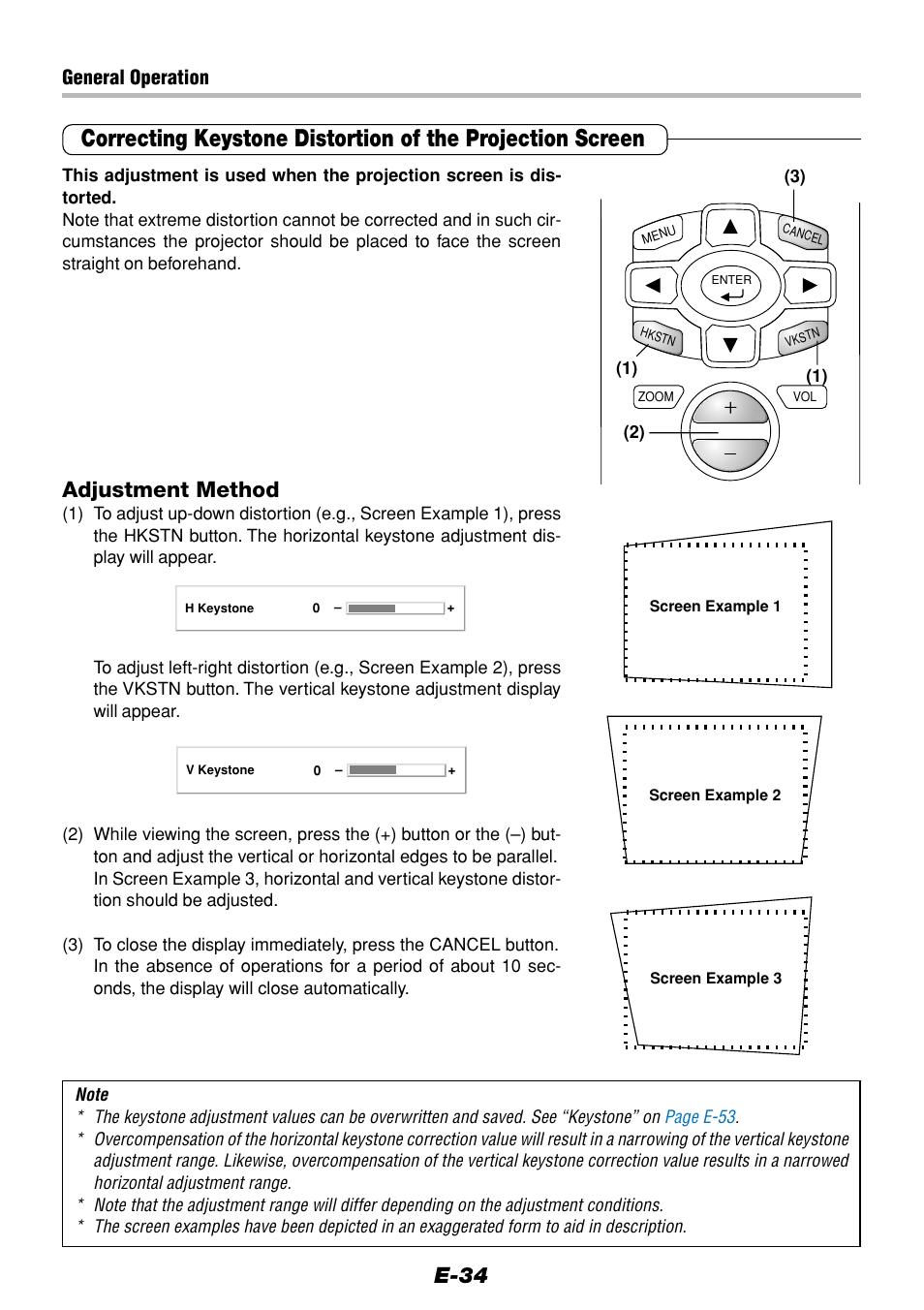 E-34, Adjustment method, General operation | Olympus VP--1 User Manual | Page 34 / 72