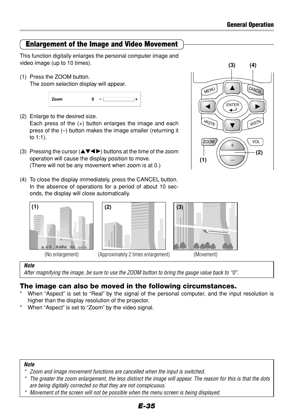 Enlargement of the image and video movement, E-35 | Olympus VP--1 User Manual | Page 35 / 72