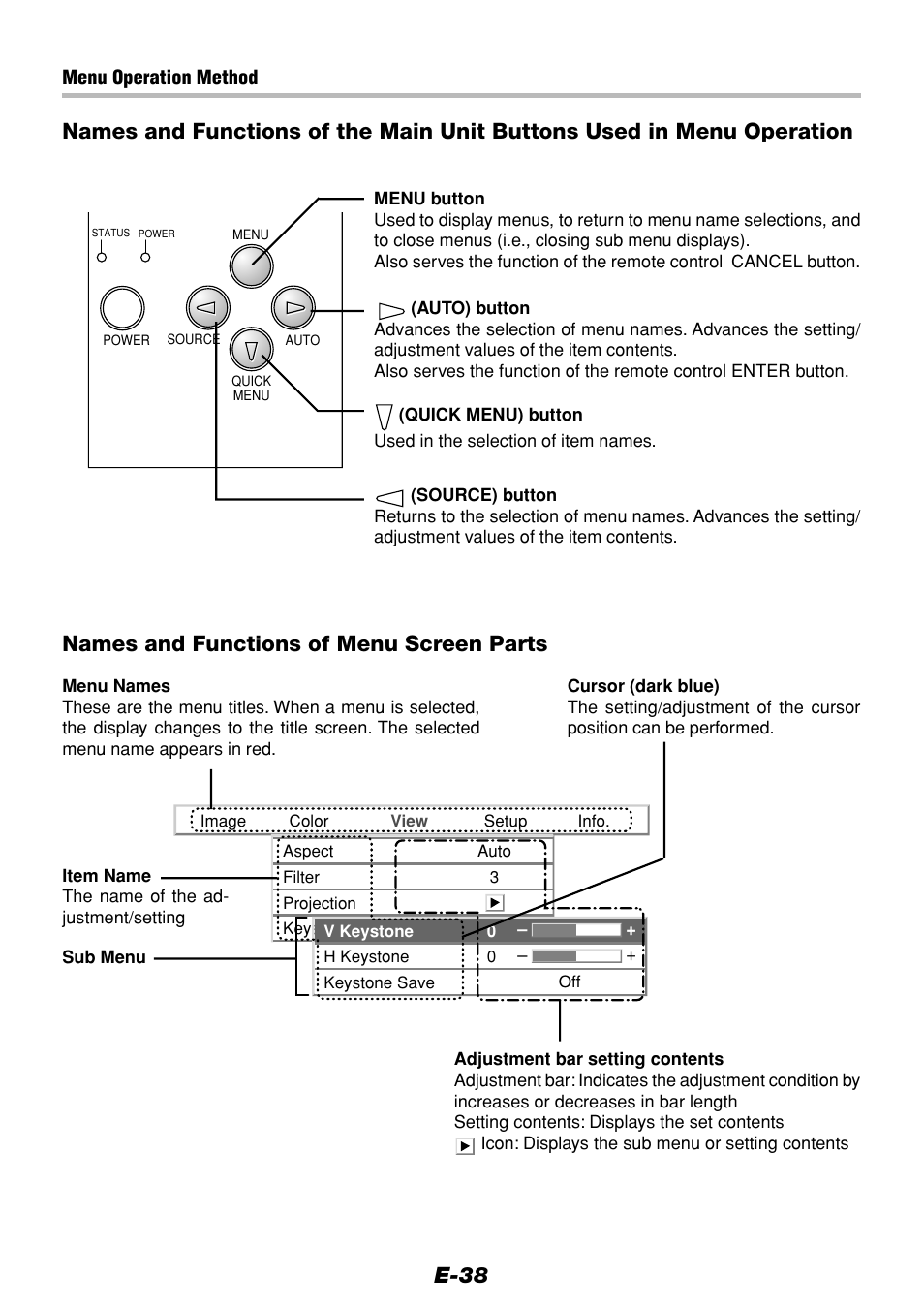 E-38, Names and functions of menu screen parts | Olympus VP--1 User Manual | Page 38 / 72