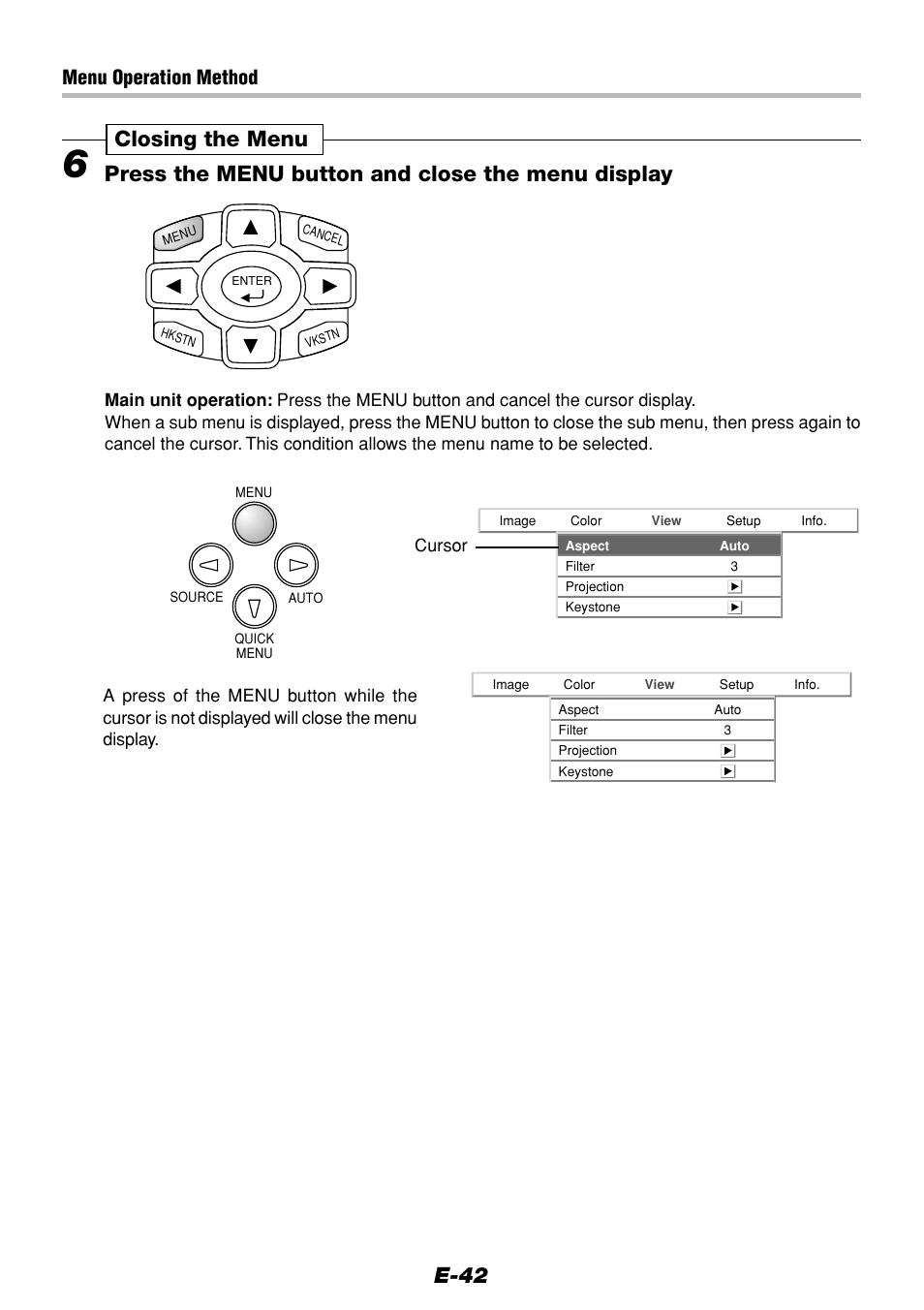 E-42, Menu operation method | Olympus VP--1 User Manual | Page 42 / 72