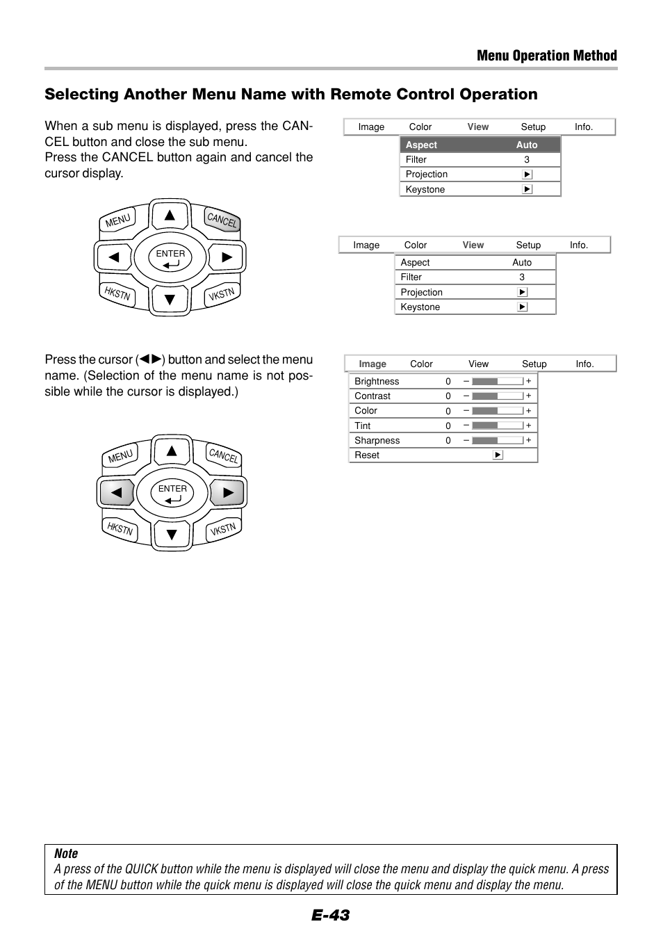 Menu operation method, Press the cursor | Olympus VP--1 User Manual | Page 43 / 72