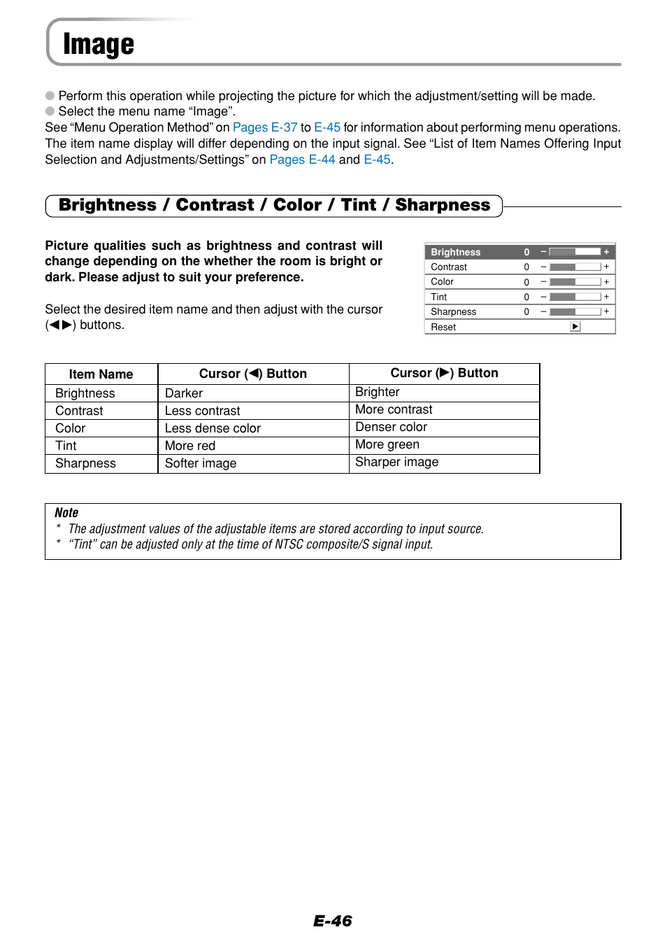 Image, Brightness / contrast / color / tint / sharpness, E-46 | Olympus VP--1 User Manual | Page 46 / 72