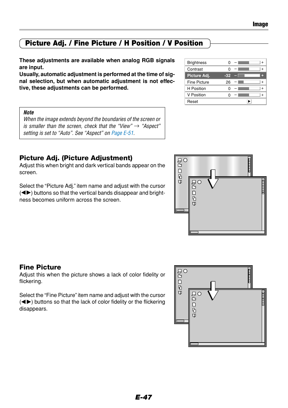 E-47, Picture adj. (picture adjustment), Fine picture | Image | Olympus VP--1 User Manual | Page 47 / 72