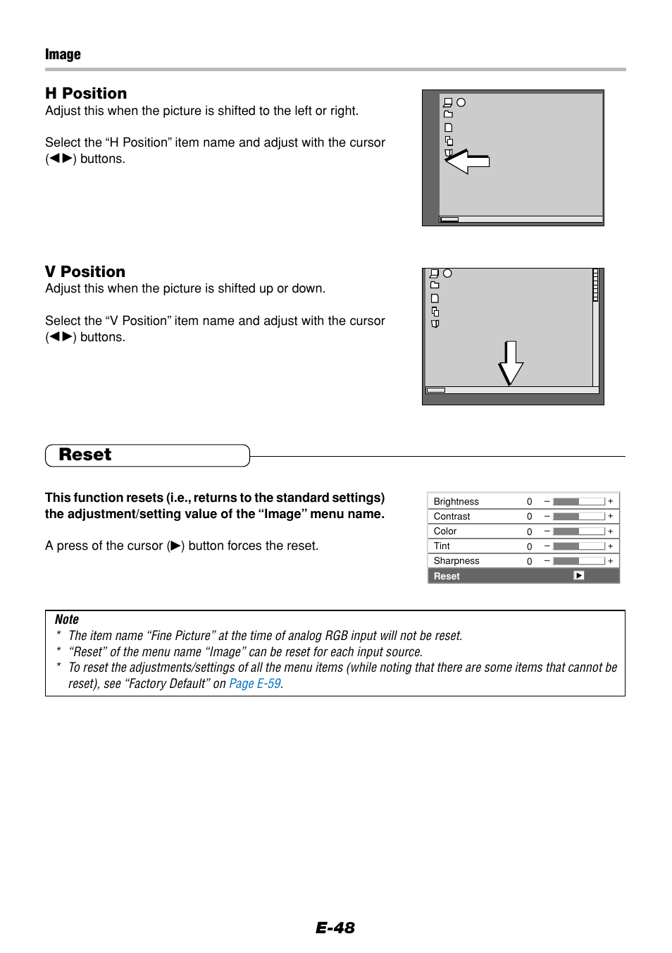 Reset, E-48 h position, V position | Image | Olympus VP--1 User Manual | Page 48 / 72