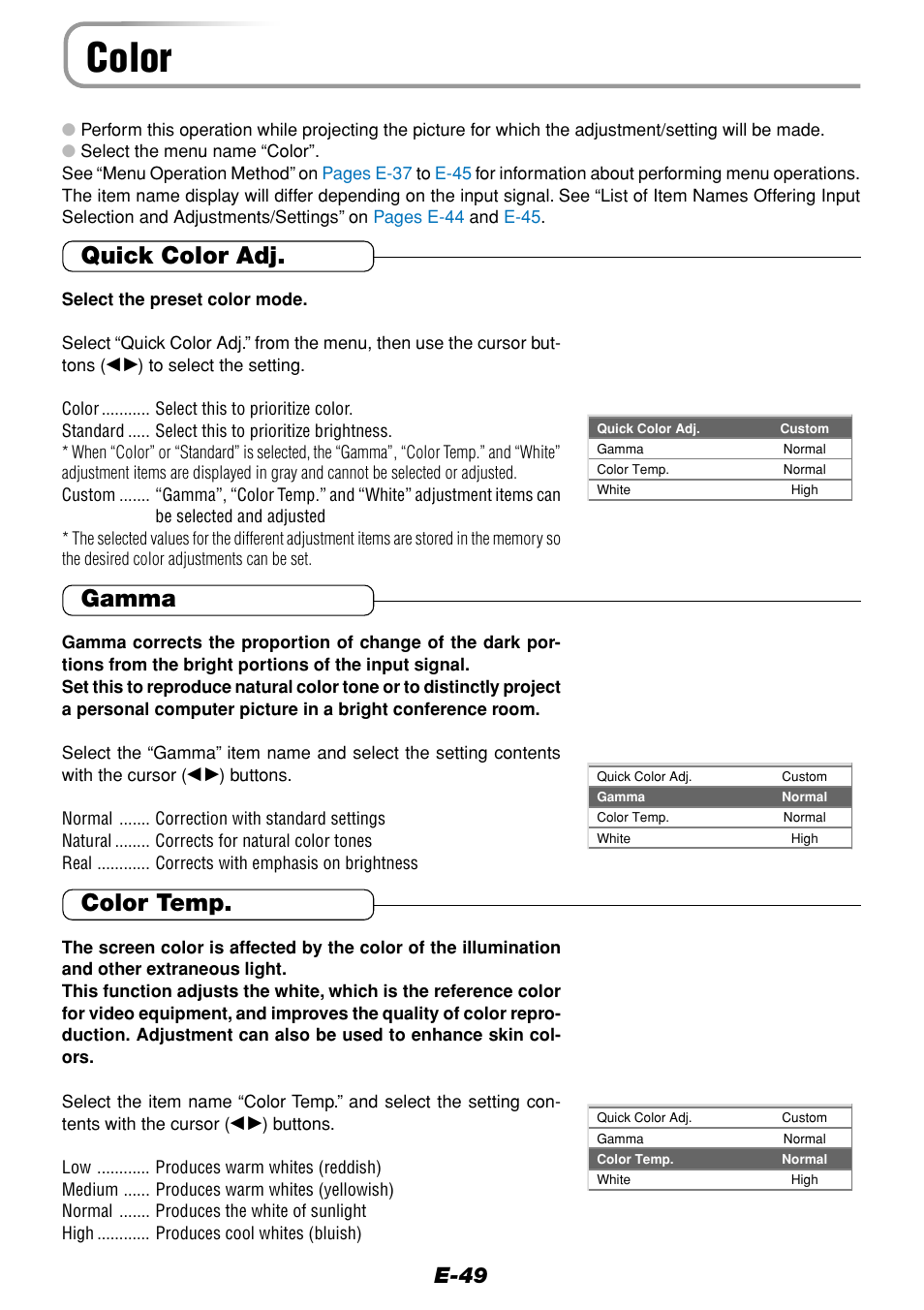 Color, Quick color adj, Gamma | Color temp, E-49 | Olympus VP--1 User Manual | Page 49 / 72