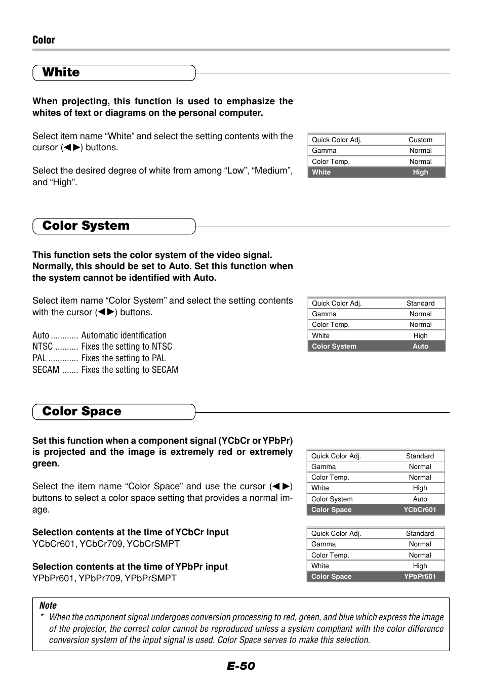 White, Color system, Color space | E-50, Color | Olympus VP--1 User Manual | Page 50 / 72