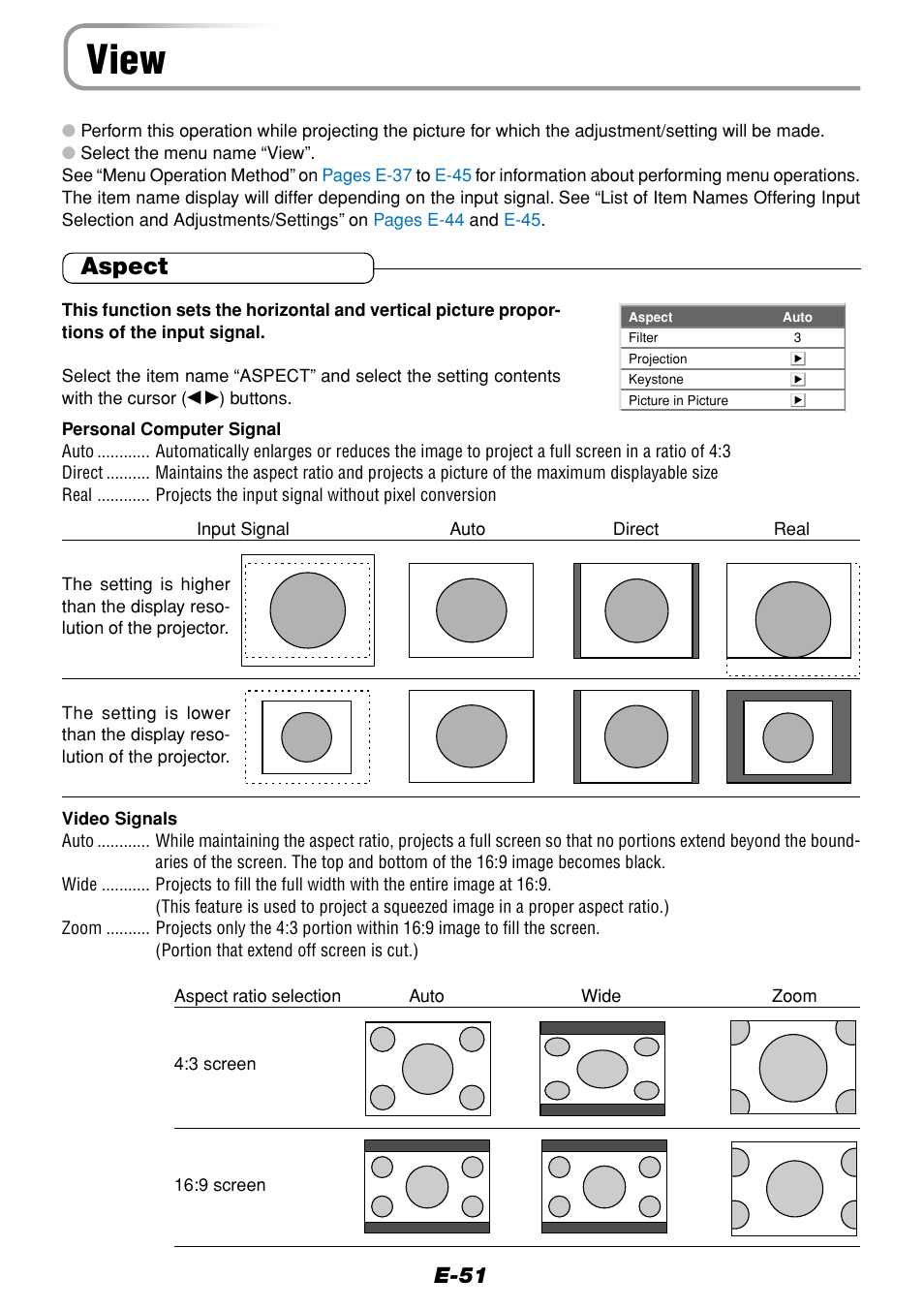 View, Aspect, E-51 | Olympus VP--1 User Manual | Page 51 / 72