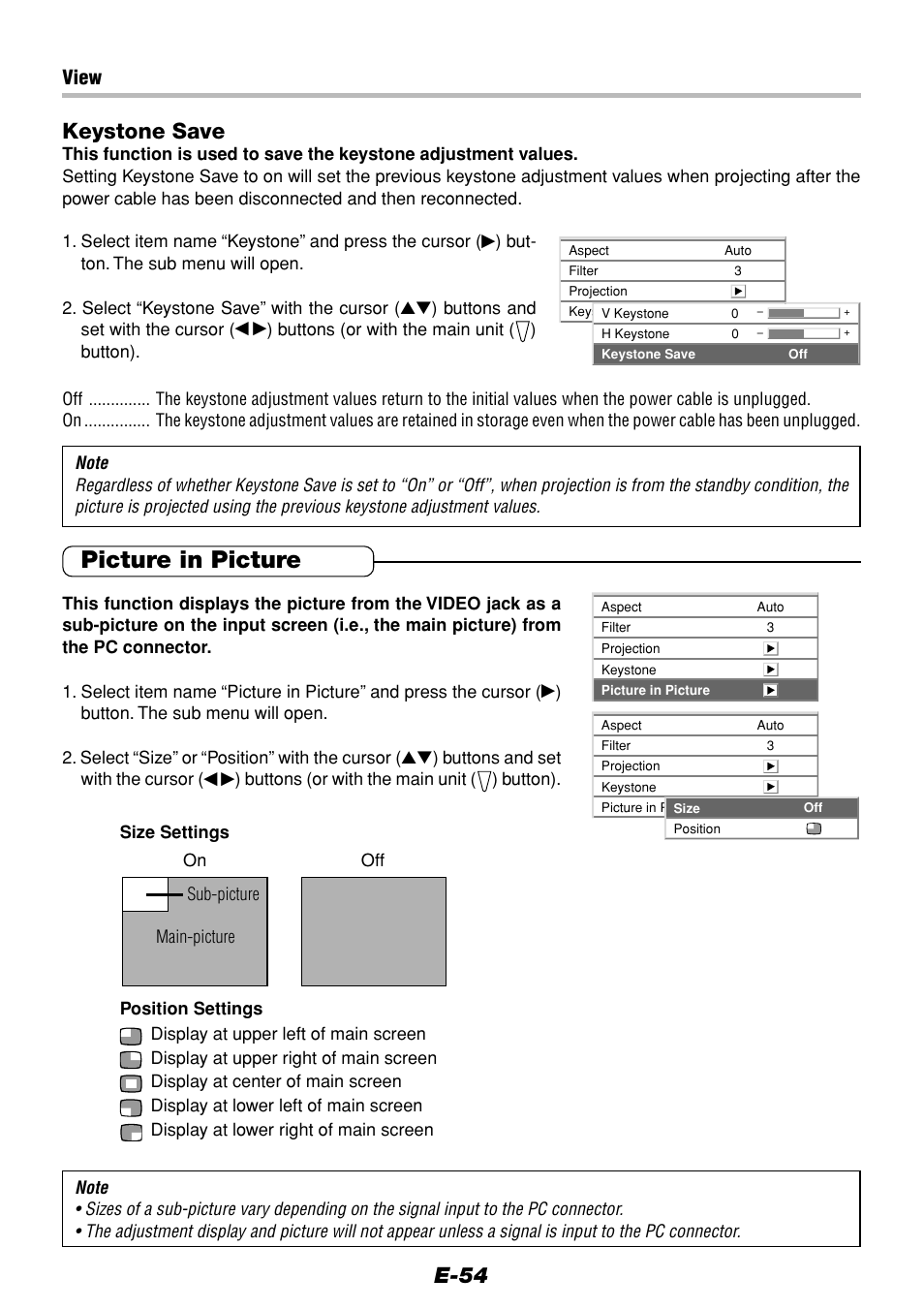 Picture in picture, E-54, Keystone save | View | Olympus VP--1 User Manual | Page 54 / 72