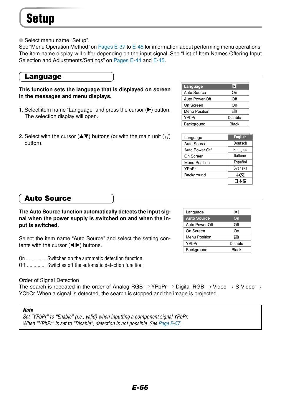 Setup, Language, Auto source | E-55 | Olympus VP--1 User Manual | Page 55 / 72