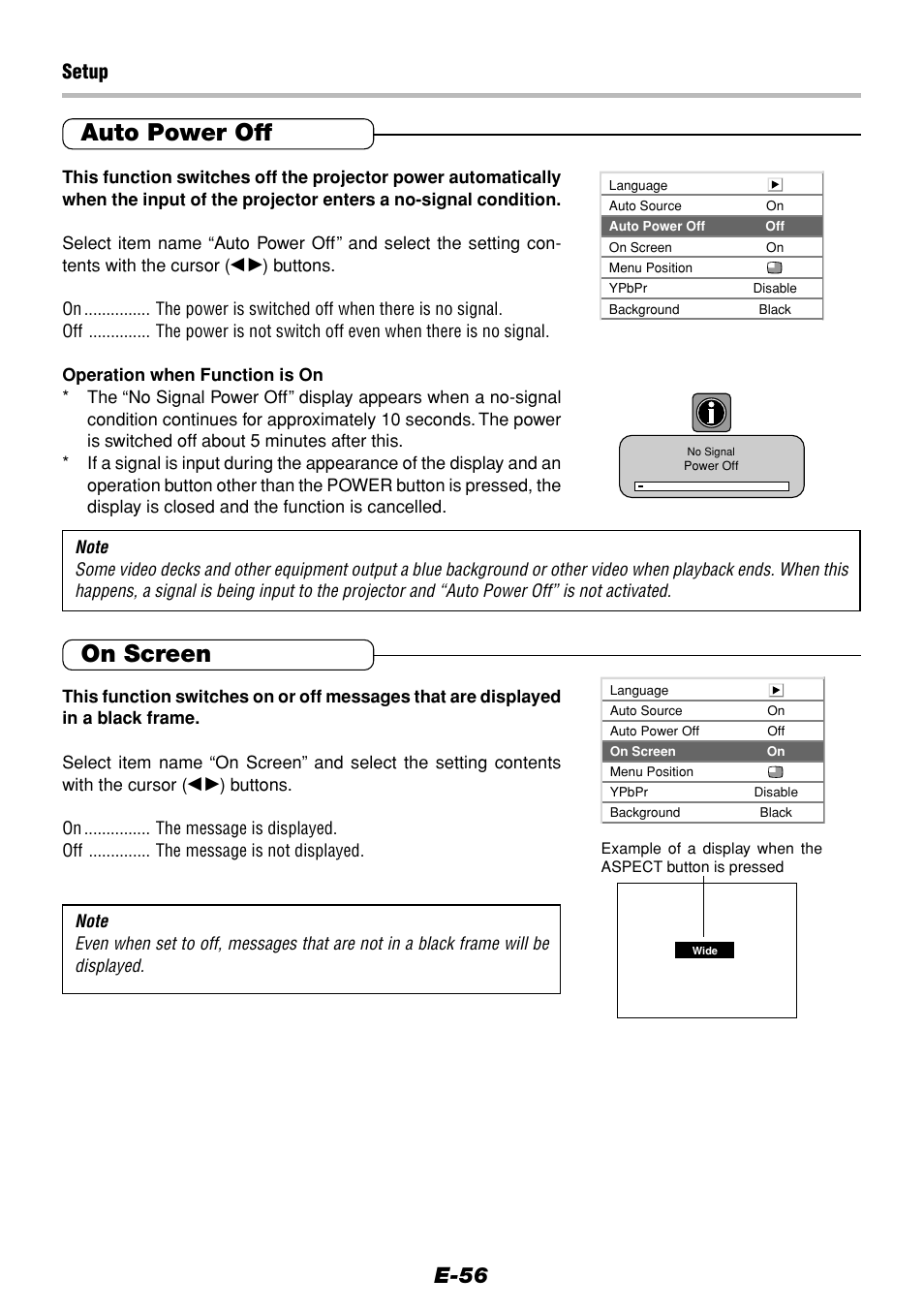 Auto power off, On screen, E-56 | Setup | Olympus VP--1 User Manual | Page 56 / 72