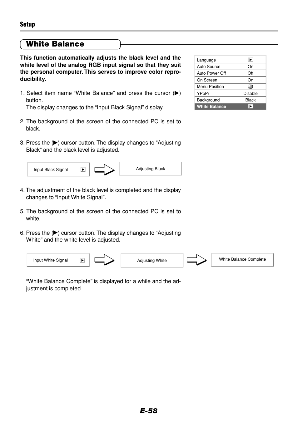 White balance, E-58, Setup | Olympus VP--1 User Manual | Page 58 / 72