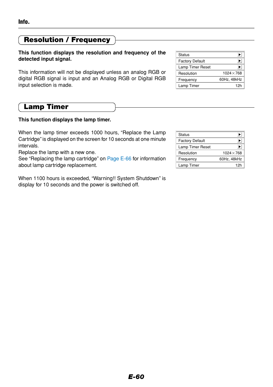 Resolution / frequency, Lamp timer, E-60 | Info | Olympus VP--1 User Manual | Page 60 / 72