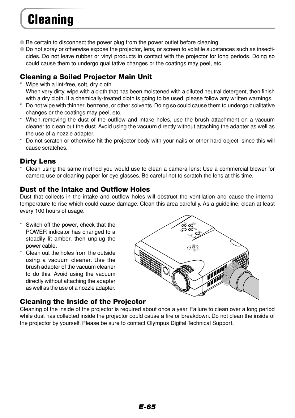 Cleaning, E-65, Cleaning a soiled projector main unit | Dirty lens, Dust of the intake and outflow holes, Cleaning the inside of the projector | Olympus VP--1 User Manual | Page 65 / 72