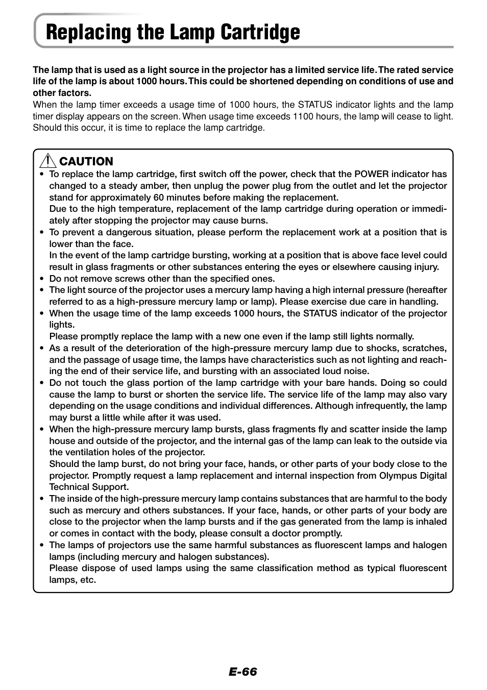 Replacing the lamp cartridge | Olympus VP--1 User Manual | Page 66 / 72