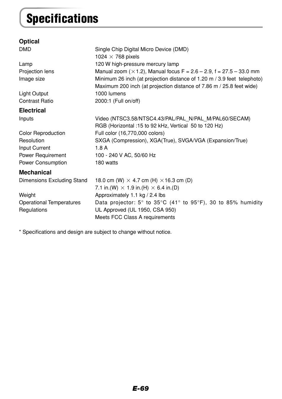 Specifications | Olympus VP--1 User Manual | Page 69 / 72