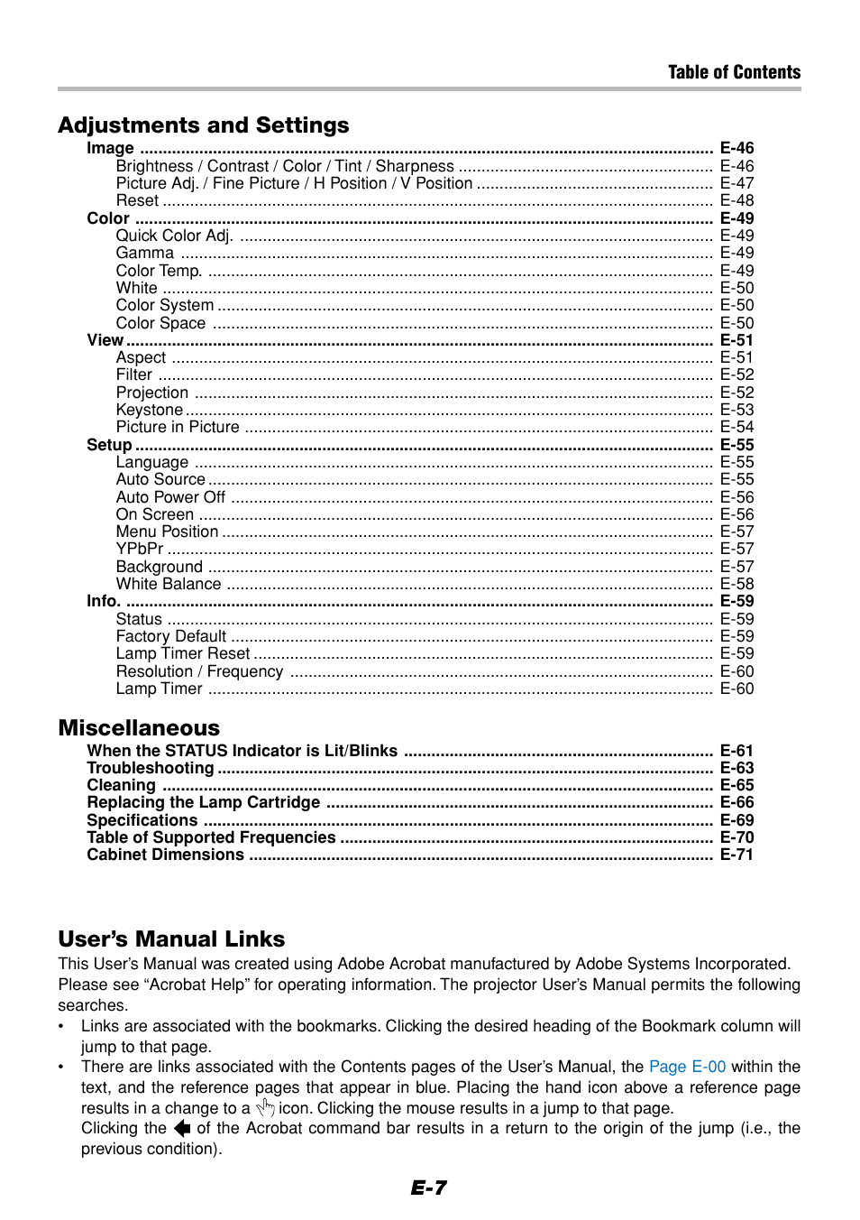 Adjustments and settings, Miscellaneous, User’s manual links | Olympus VP--1 User Manual | Page 7 / 72