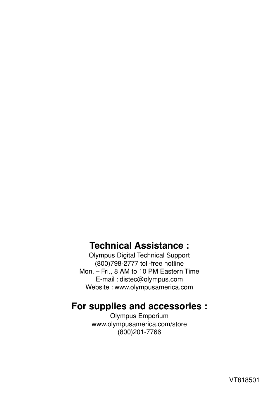 Technical assistance, For supplies and accessories | Olympus VP--1 User Manual | Page 72 / 72