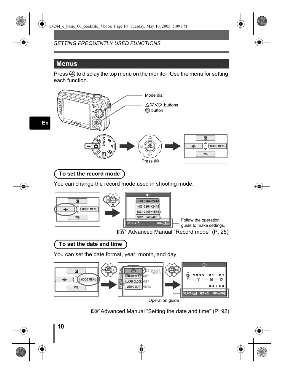 Menus, Setting frequently used functions | Olympus 800 User Manual | Page 10 / 68