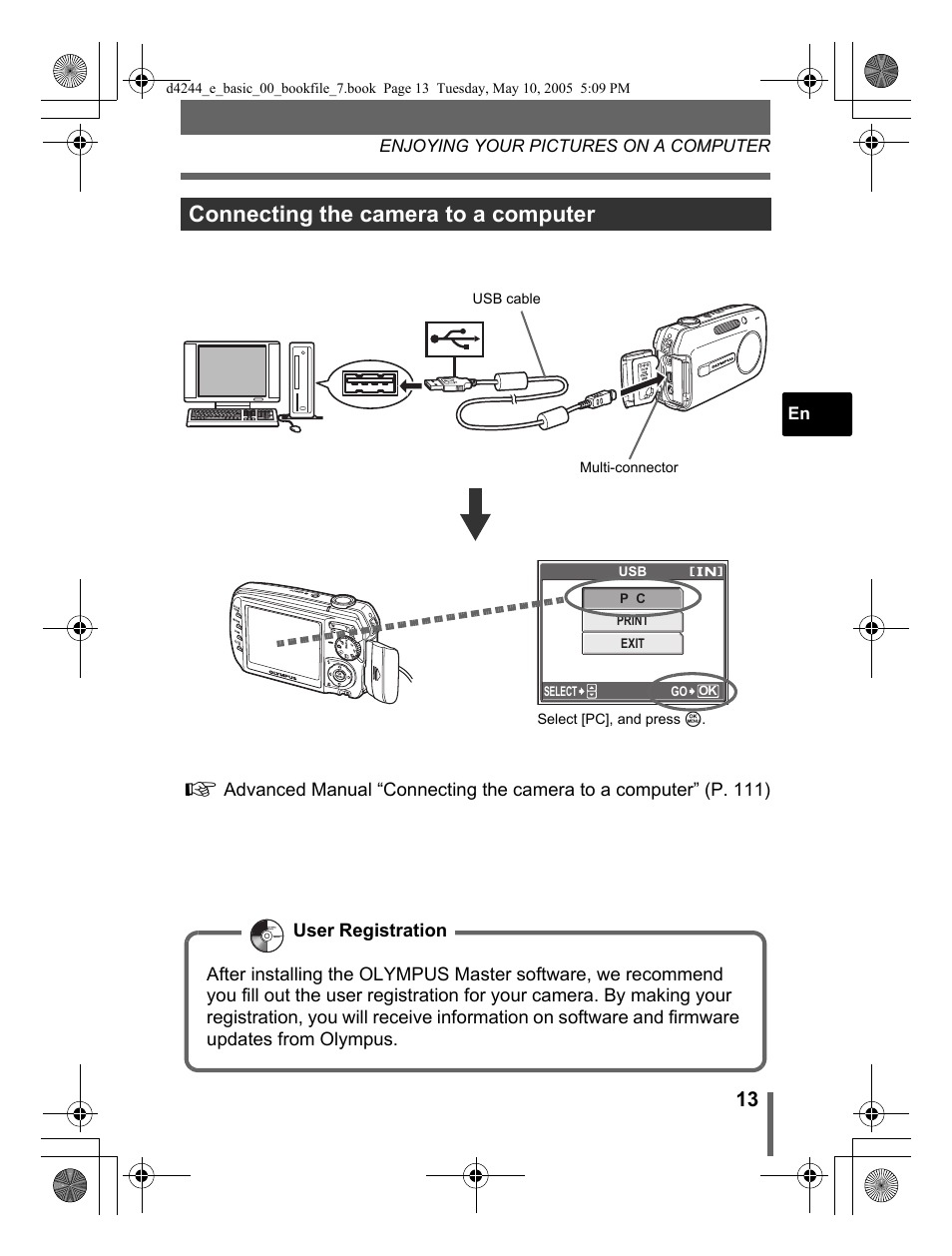 Connecting the camera to a computer | Olympus 800 User Manual | Page 13 / 68