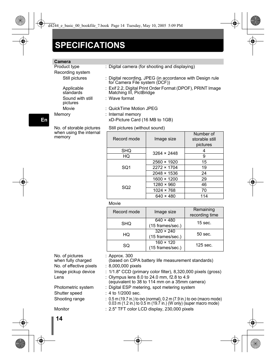 Specifications | Olympus 800 User Manual | Page 14 / 68