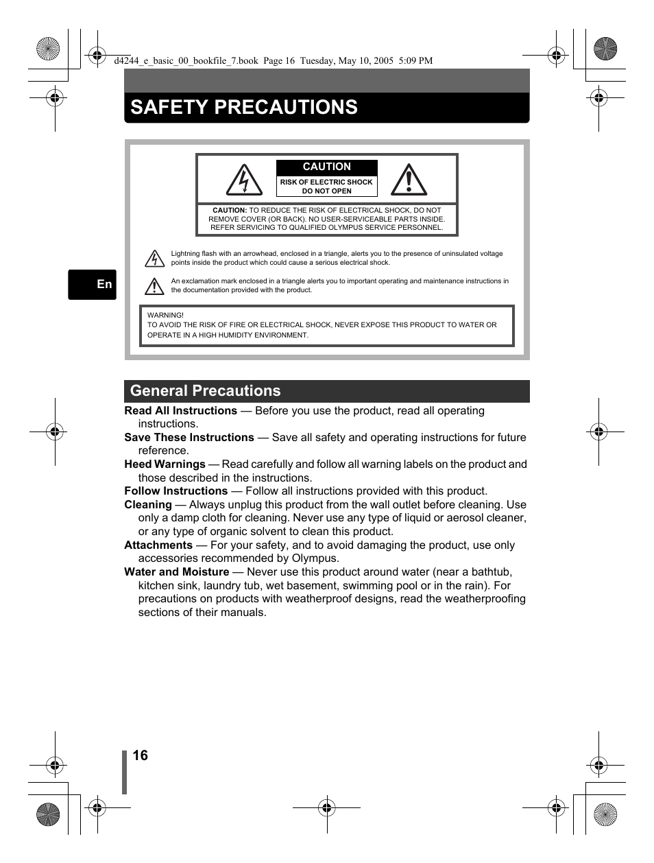 Safety precautions, General precautions | Olympus 800 User Manual | Page 16 / 68