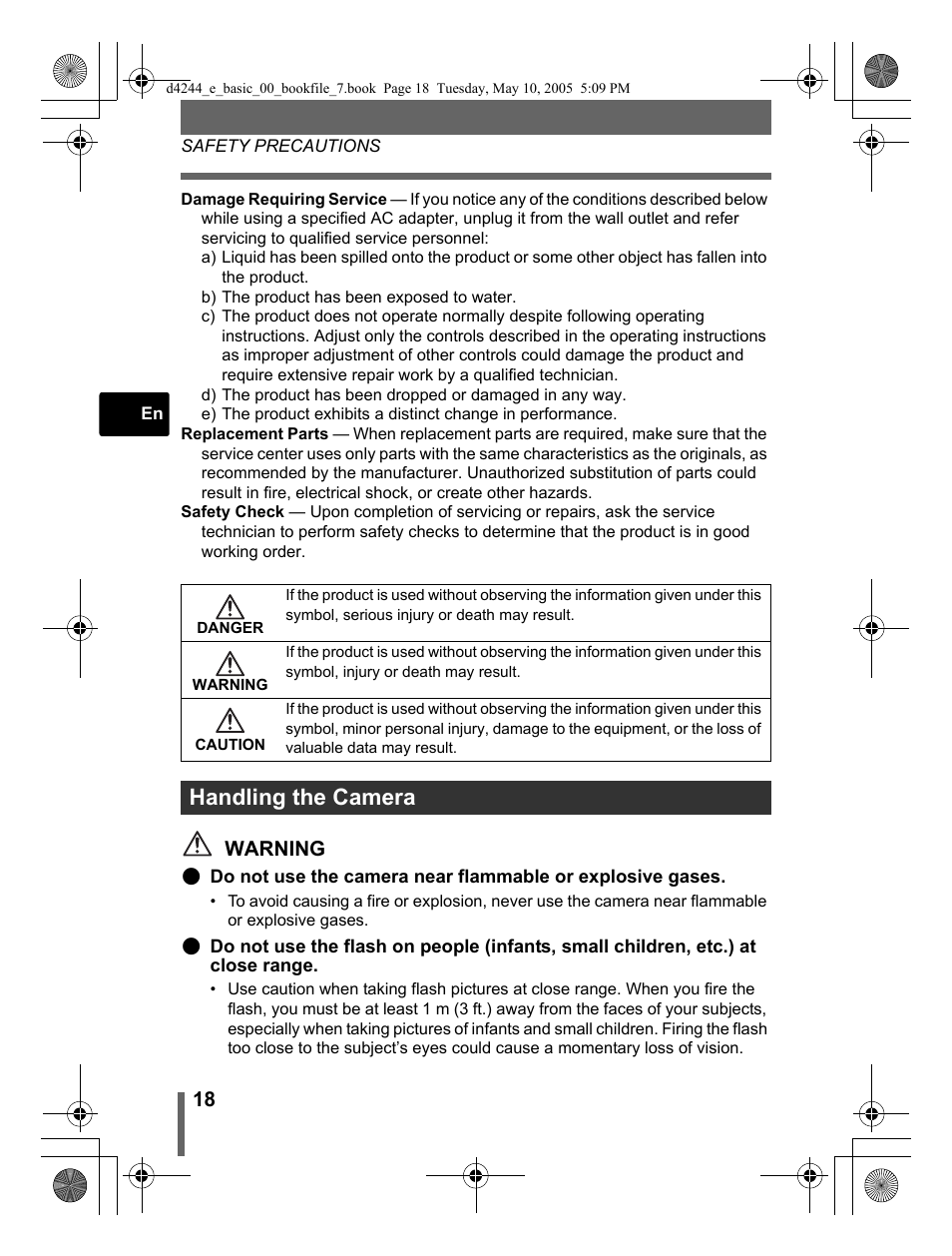 Handling the camera, Warning | Olympus 800 User Manual | Page 18 / 68