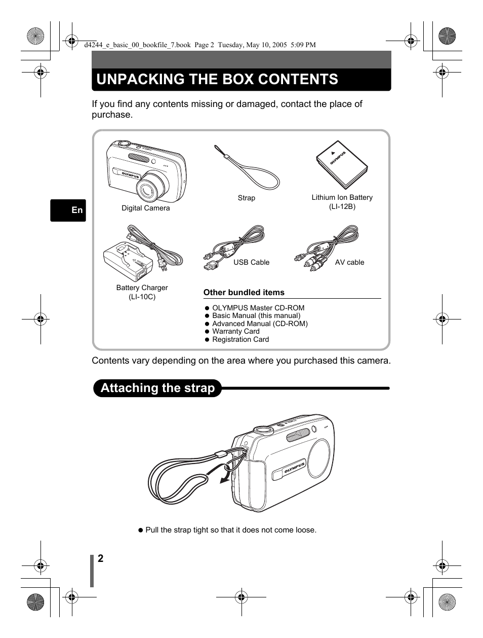 Unpacking the box contents, Attaching the strap | Olympus 800 User Manual | Page 2 / 68