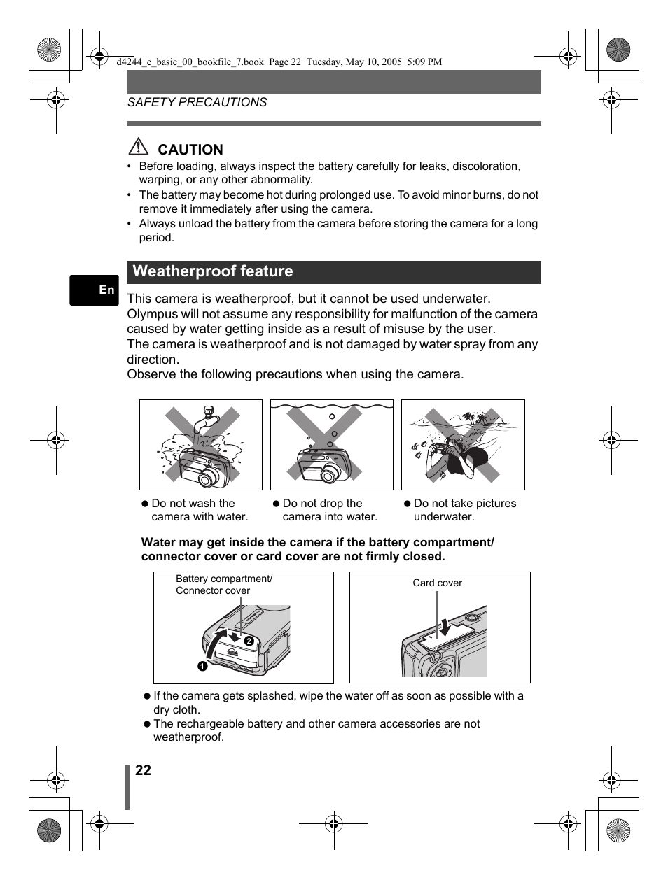 Weatherproof feature, Caution | Olympus 800 User Manual | Page 22 / 68