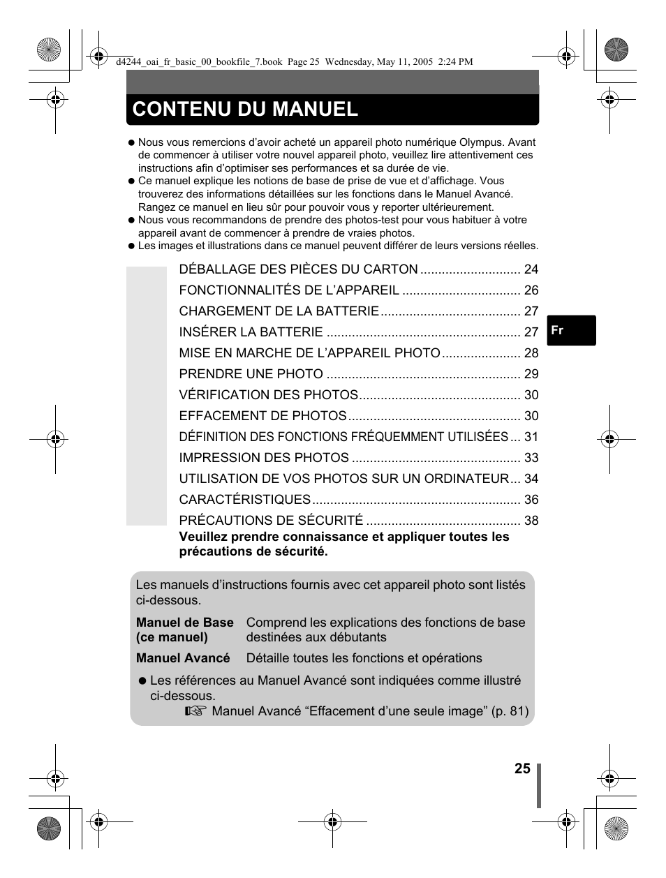Contenu du manuel | Olympus 800 User Manual | Page 25 / 68