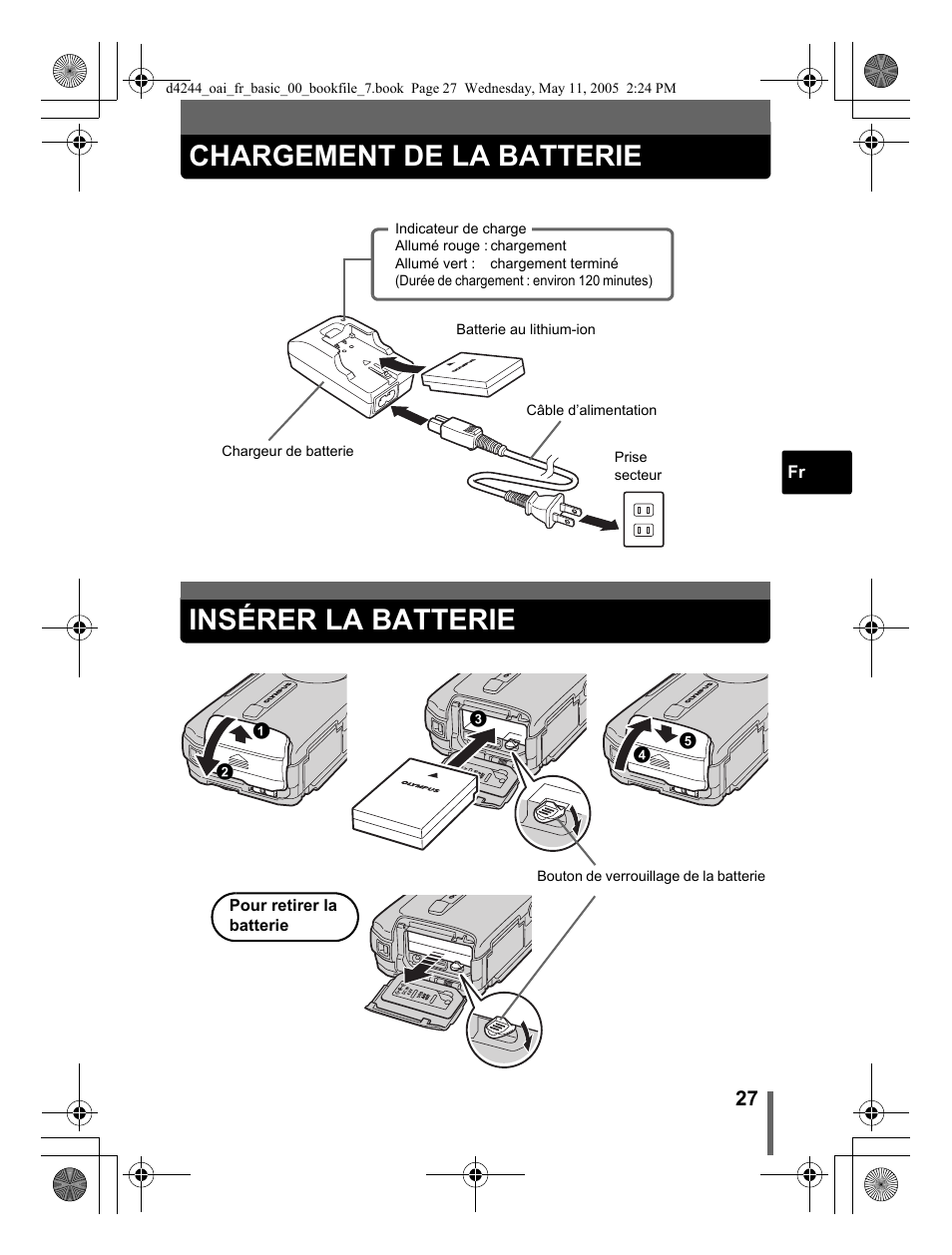 Chargement de la batterie, Insérer la batterie | Olympus 800 User Manual | Page 27 / 68