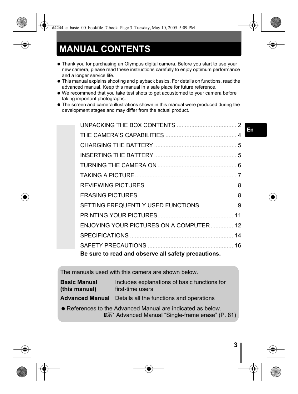 Manual contents | Olympus 800 User Manual | Page 3 / 68