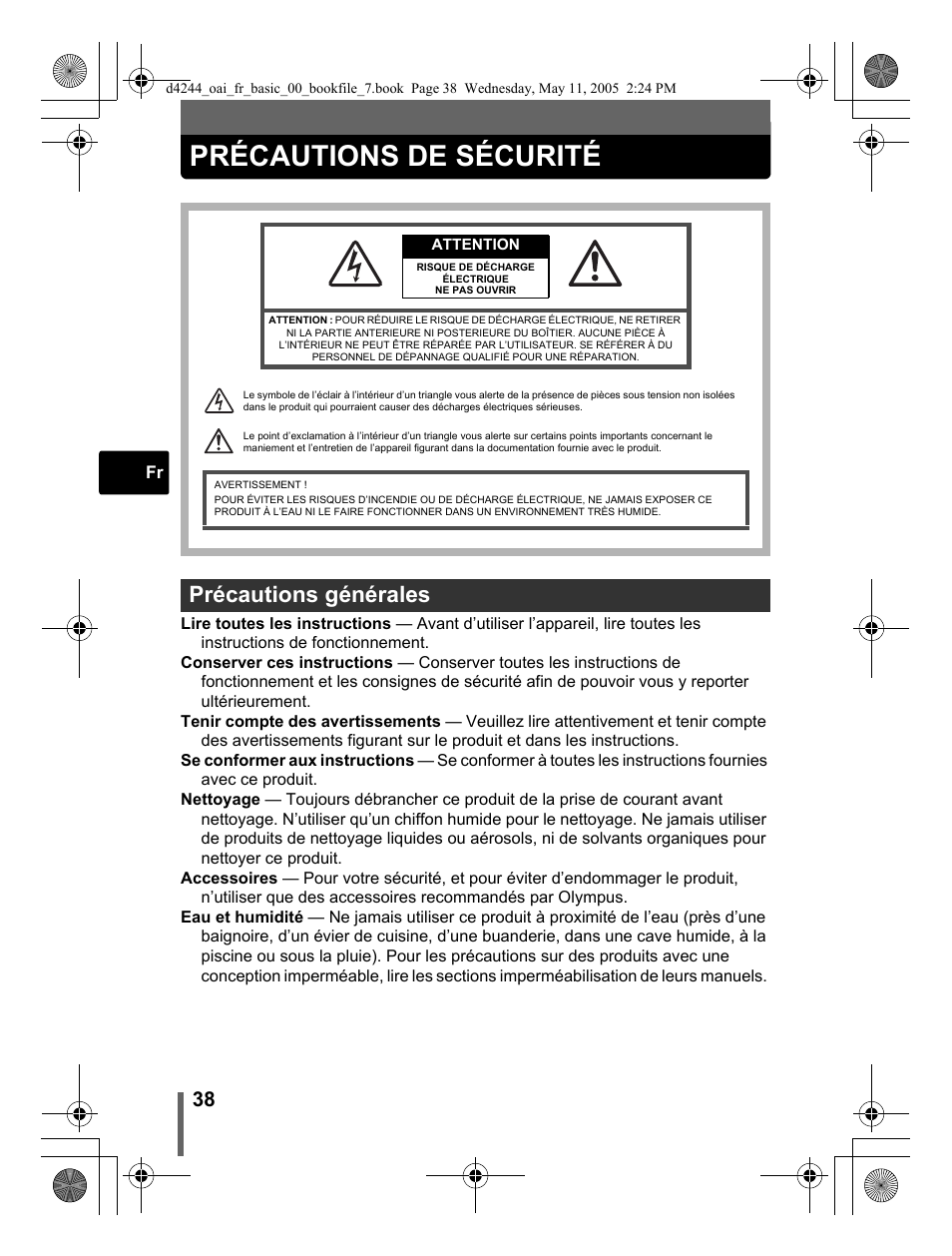 Précautions de sécurité, Précautions générales | Olympus 800 User Manual | Page 38 / 68
