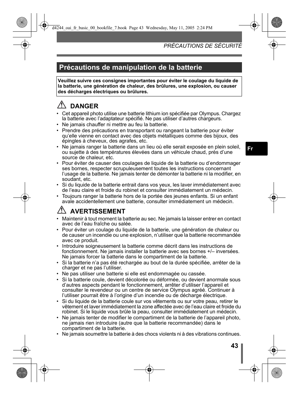 Précautions de manipulation de la batterie, Danger, Avertissement | Olympus 800 User Manual | Page 43 / 68