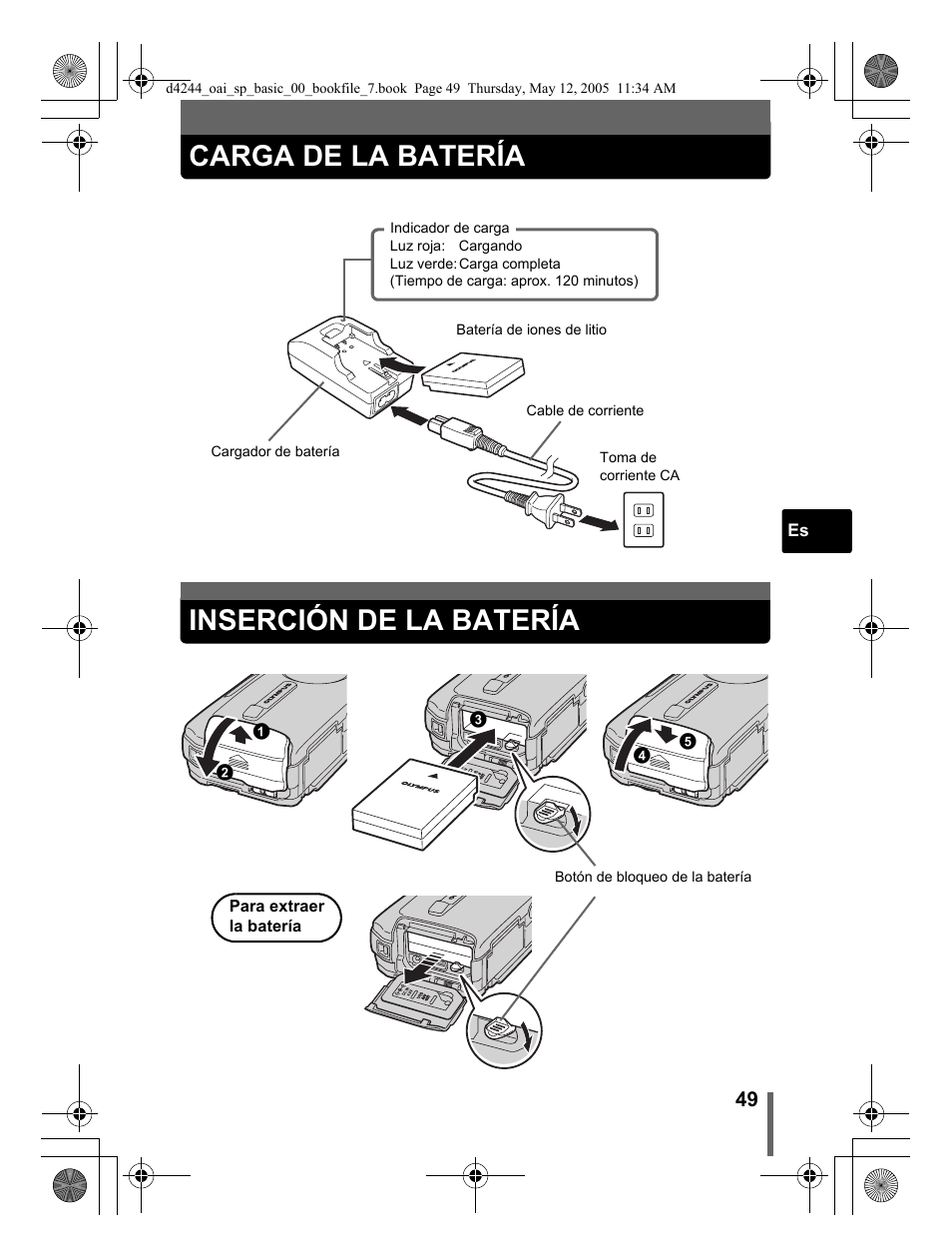 Carga de la batería, Inserción de la batería | Olympus 800 User Manual | Page 49 / 68