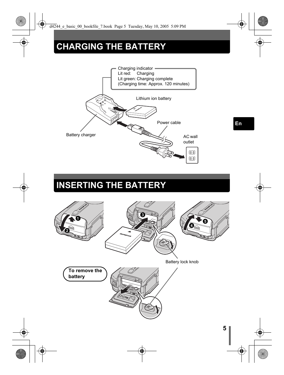 Charging the battery, Inserting the battery | Olympus 800 User Manual | Page 5 / 68