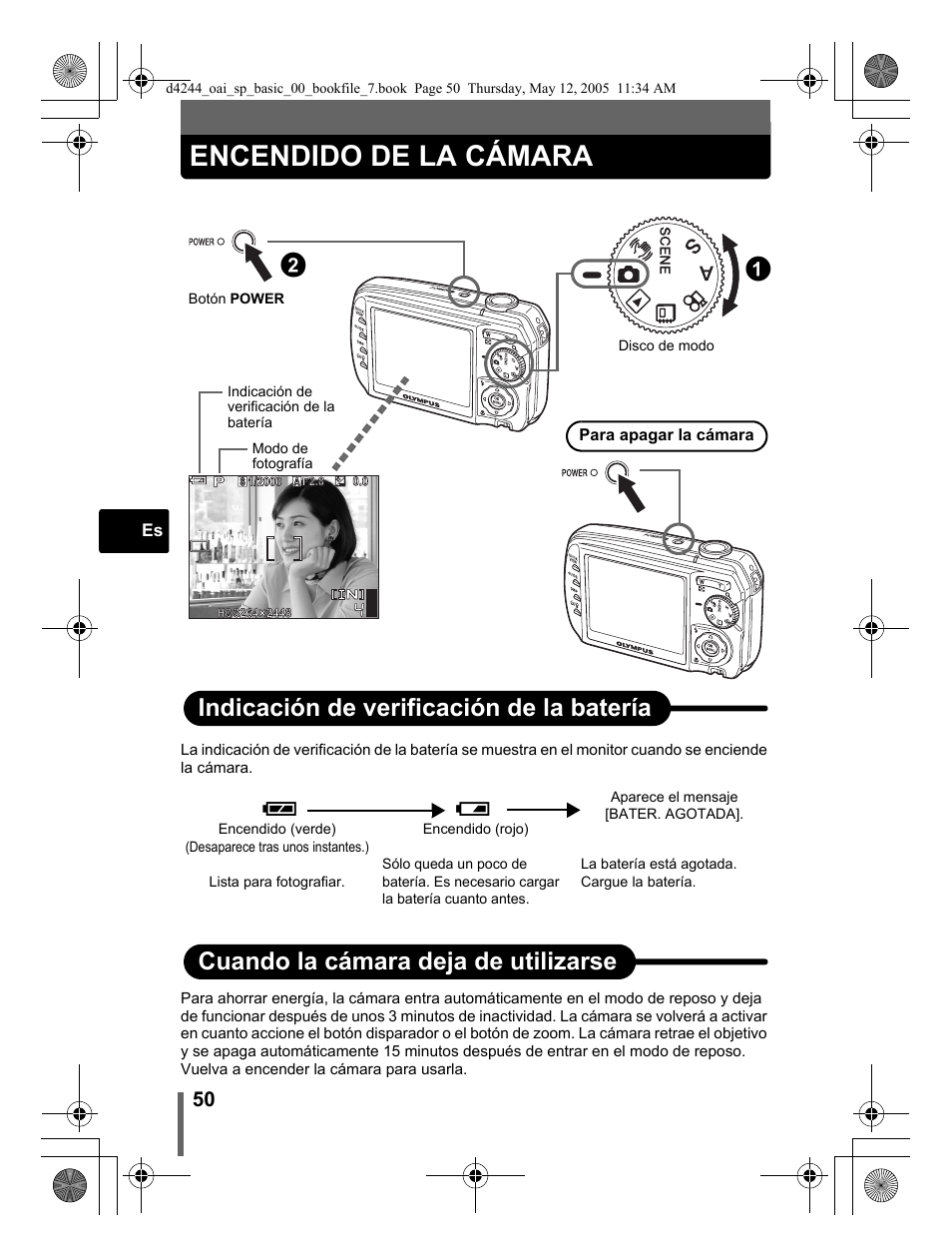 Encendido de la cámara, 12 indicación de verificación de la batería, Cuando la cámara deja de utilizarse | Olympus 800 User Manual | Page 50 / 68